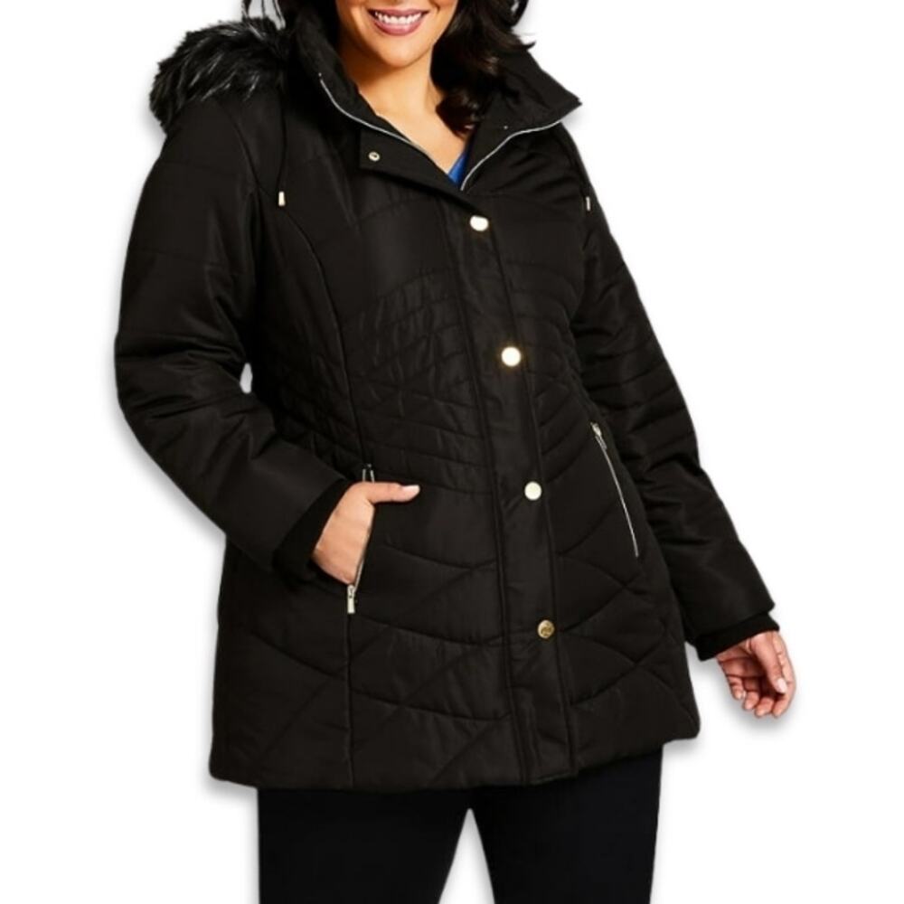 Avenue Puffer Jacket Quilted Design Faux Fur Trim Hooded Solid Black W 14/16 NWT